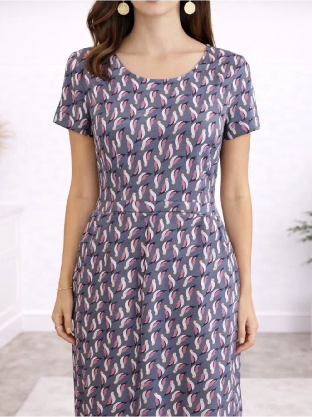Boden T-Shirt Dress US Size 10 Grey Pink Cockatoo Bird Print Cotton Short Sleeve